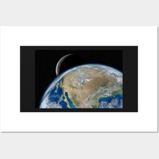 Planet Earth and Moon against dark starry sky Posters and Art